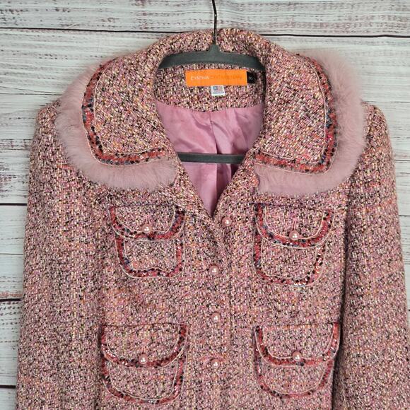 Cynthia Steffe Pink Tweed Blazer S Faux Fur Sequin Pearl Preppy Glam Lux Jacket - Picture 2 of 15